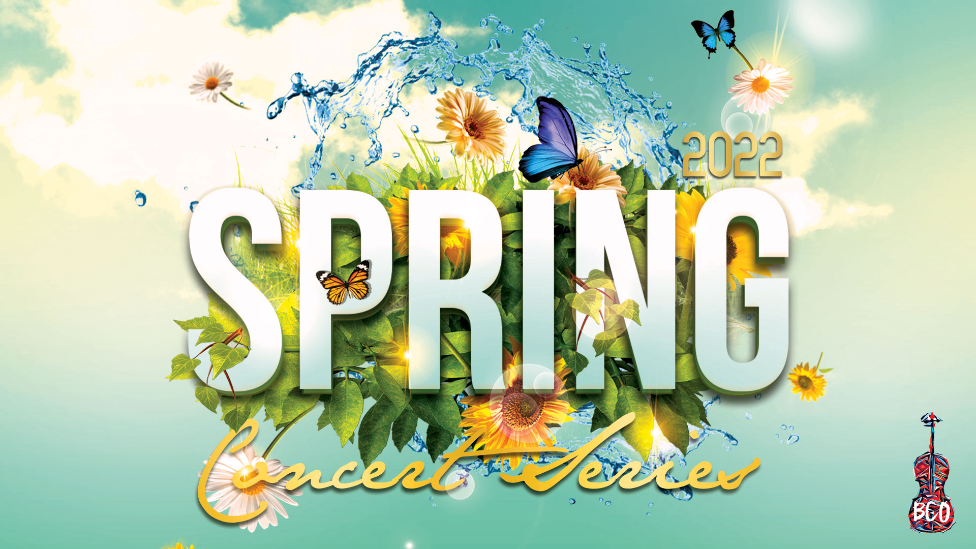 Brazos 2022 Spring Concert Series cover image featuring butterflies, flowers, and sunshine